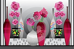 3d illustration black and silver vases with red and pink flowers . silver and gray background, suitable for wall frames decor .