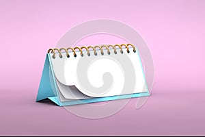 3d illustration of blank blue desk paper calendar on a minimal pink pastel colored background