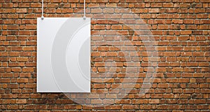 3D illustration. Blank white poster mock-up hanging on the brick wall