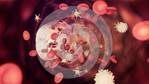 3D illustration of a bloodstream with red cell white cell and platelet