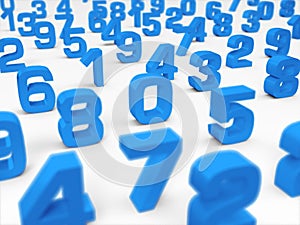 3D Illustration - blue 3D numbers on white background - focus on number one