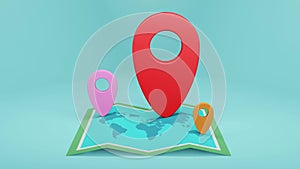 3D illustration blue background,red location symbol pin icon on map,