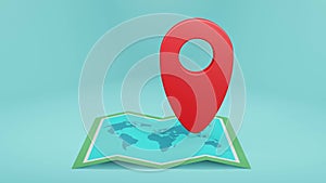 3D illustration blue background,red location symbol pin icon on map,