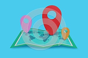 3D illustration blue background,red,pink and orange location symbol pin icon on map,navigation sign isoladed on background