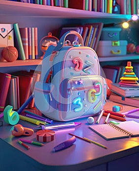 3d illustration of a blue backpack with school supplies, on the table, neon lights