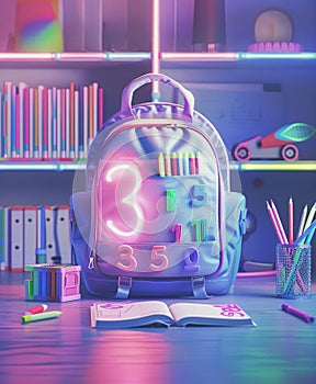 3d illustration of a blue backpack with school supplies, on the table, neon lights