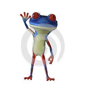 3d illustration of a blue cartoon frog waving with one hand.