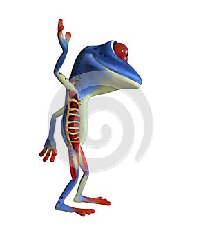 3d illustration of a blue cartoon frog waving with one hand.