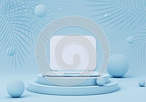 3d illustration with blue laptop on pedestal. Notebook computer design concept
