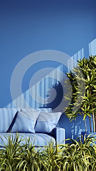 3d illustration of blue living room with blue sofa and green plants.