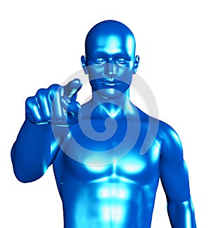 3d illustration of a blue man pointing with her finger