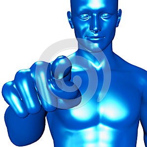 3d illustration of a blue man pointing with her finger