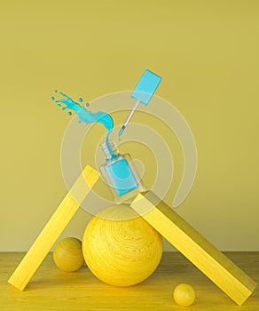 3D illustration of blue nail polish bottle with splash and drop on yellow woodbackground, work path or clipping path included