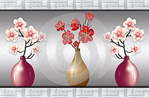 3d illustration blue  vases with flowers gray white black background . wallpaper 3 pieces for wall frames decor .