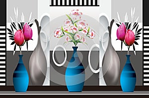 3d illustration blue  vases with flowers gray white black background . wallpaper 3 pieces for wall frames decor .