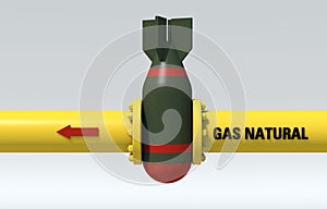 3d illustration. The bomb blocks the natural gas supply pipe