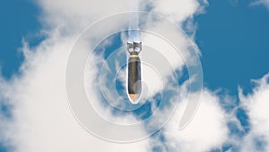 3D Illustration of a bomb with propeller fuze falling through clouds