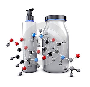 3d Illustration of bottles with hyaluronic acid, isolated white