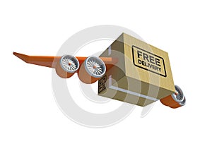 3D Illustration Box with Aircraft wing and Jet engine for fast delivery service