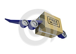 3D Illustration Box with Aircraft wing and Jet engine for fast delivery service