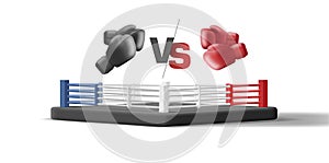 3d illustration of boxing ring with red gloves vs black