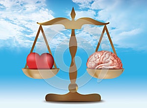 3d illustration with brain heart on balance. Sky whit nubes background