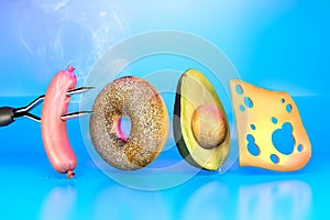 3D illustration with breakfast foods spelling a word `food` on a blue background, 3d rendering