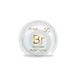 3D-Illustration, Bromium symbol - Br. Element of the periodic table on white ball with golden signs. White background