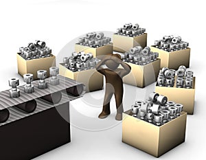3D Illustration, Brown figurine, overwhelmed worker on productio