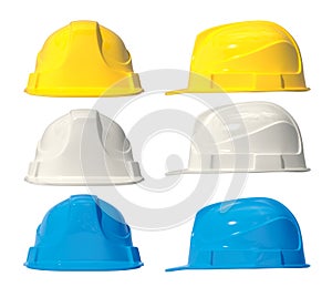 3d illustration of building helmets. Isolated. Set. Yellow, blue, wghite