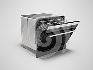3D illustration of built in electric dishwasher with programs for washing dishes on gray background with shadow