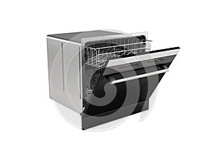 3D illustration of built in electric dishwasher with programs for washing dishes on white background no shadow