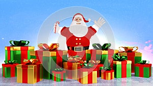 3D illustration of bulky Santa Claus with multiple presents