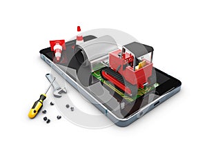 3d Illustration of Bulldozer on the screen. Concept Mobile repair