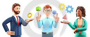 3D illustration of business abstract presentation. Multicultural cartoon characters interacting with geometric figures.