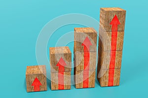 3d illustration , Business growth or step for success concepts with arrow graph, on wood box . financial, profit of investment