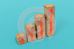 3d illustration , Business growth or step for success concepts with arrow graph, on wood box . financial, profit of investment