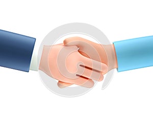 3D illustration of business handshake. Cartoon shaking human hands. Successful agreement, deal concept, contract partnership