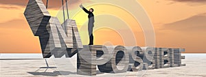 3D illustration of business man standing over abstract stone impossible text