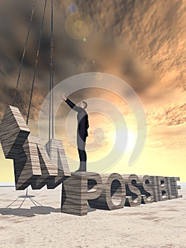 3D illustration of business man standing over abstract stone impossible text