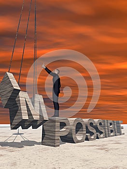 3D illustration of business man standing over abstract stone impossible text