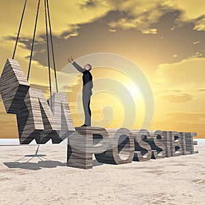 3D illustration of business man standing over abstract stone impossible text on sunset sky background