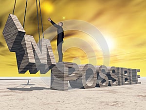 3D illustration of business man standing over abstract stone impossible text on sunset sky background