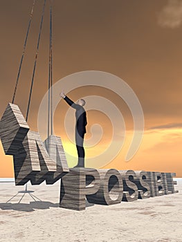 3D illustration of business man standing over abstract stone impossible text on sunset sky background