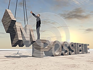 3D illustration of business man standing over abstract stone impossible text on sunset sky background