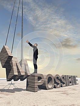 3D illustration of business man standing over abstract stone impossible text on sunset sky background