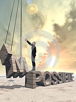 3D illustration of business man standing over abstract stone impossible text on sunset sky background