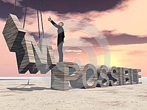 3D illustration of business man standing over abstract stone impossible text on sunset sky background