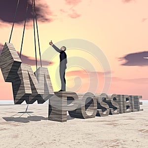 3D illustration of business man standing over abstract stone impossible text on sunset sky background