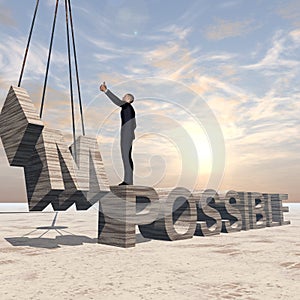 3D illustration of business man standing over abstract stone impossible text on sunset sky background